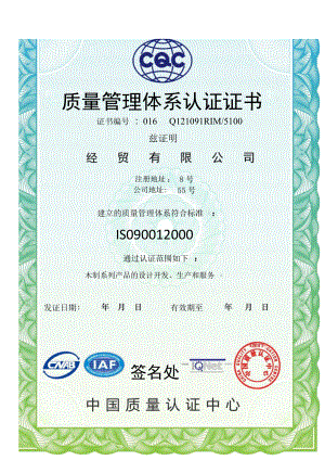 竖版渐变花纹边框经贸公司质量管理体系认证证书单页word模板.docx