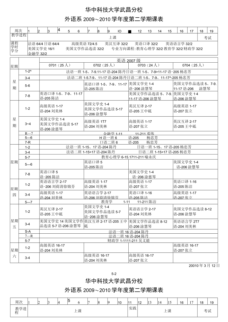 华中科技大学武昌分校外语系2009～2010学年度第二学期课表.docx_第1页