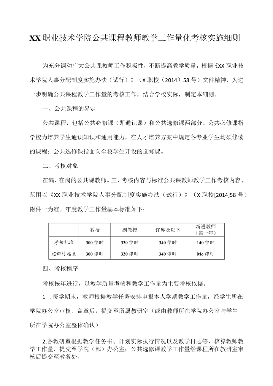 职业技术学院公共课程教师教学工作量化考核实施细则.docx_第1页