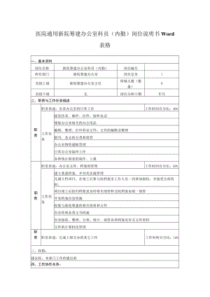 医院通用新院筹建办公室科员（内勤）岗位说明书Word表格.docx