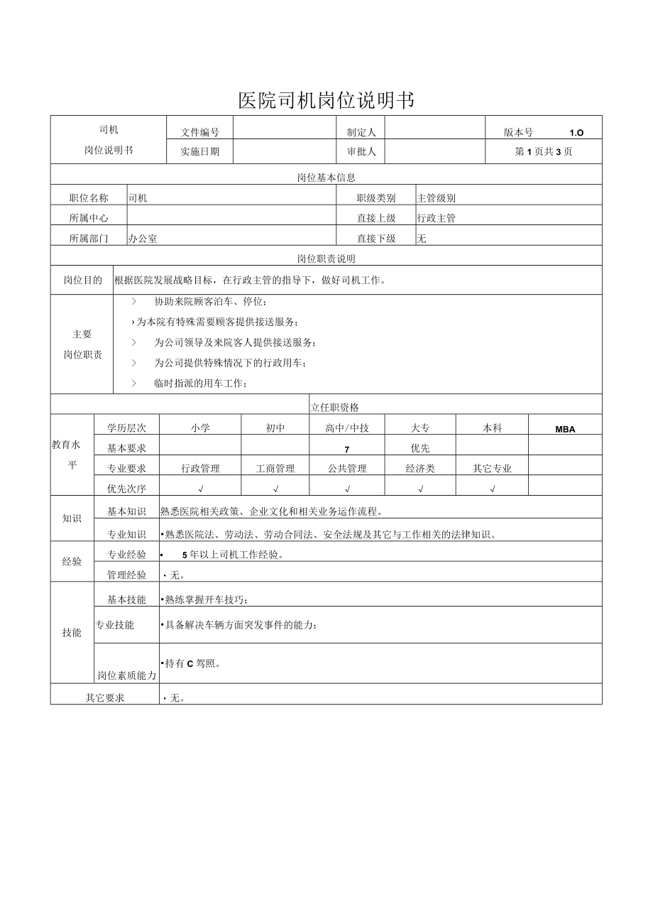 医院司机岗位说明书.docx_第1页