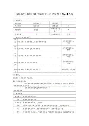 医院通用门急诊部门诊咨询护士岗位说明书Word表格.docx