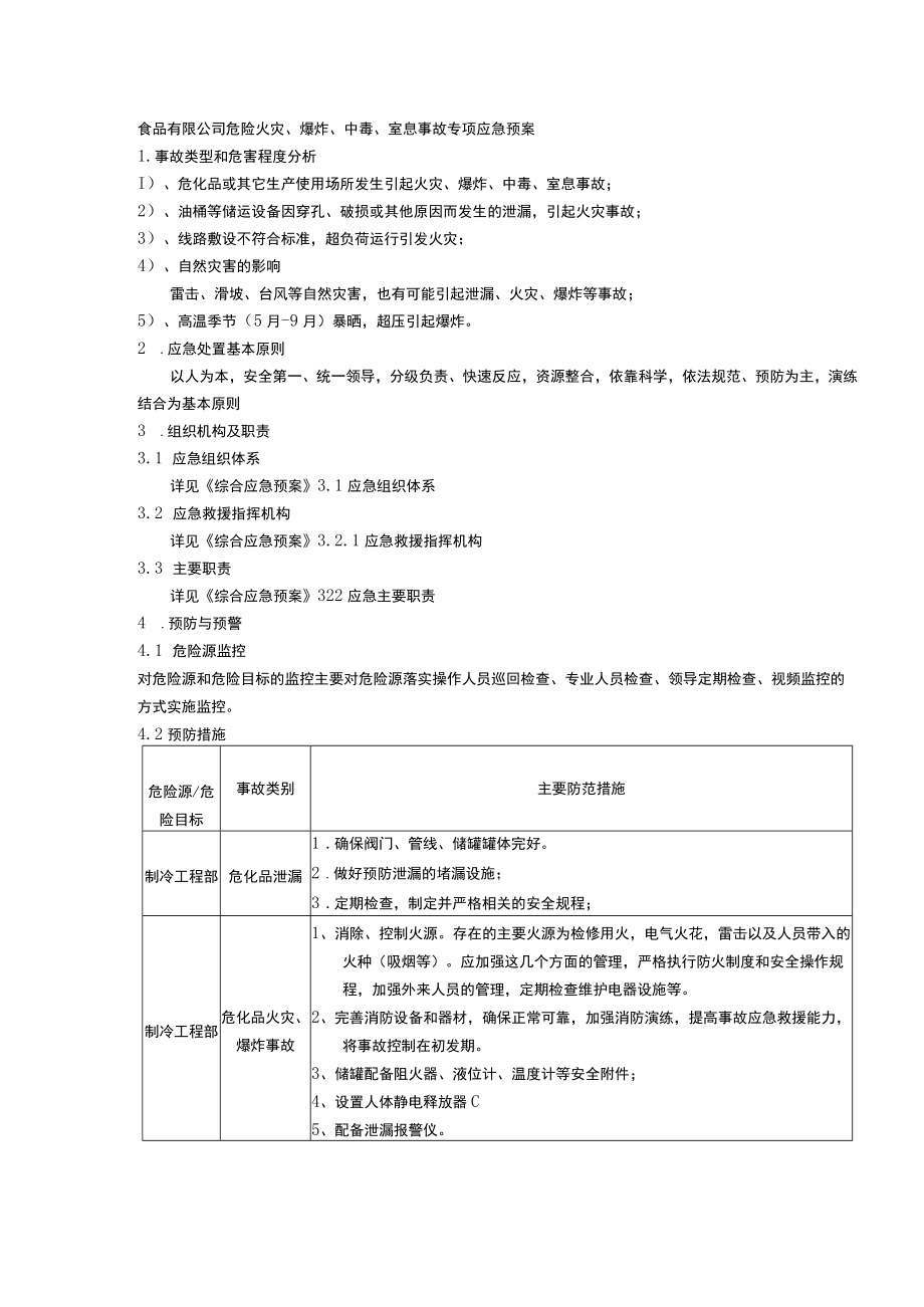 食品有限公司危险火灾、爆炸、中毒、室息事故专项应急预案.docx_第1页