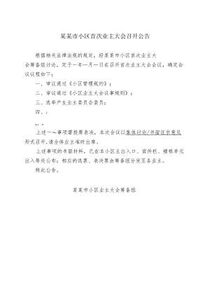 某某市小区首次业主大会召开公告Word范本.docx