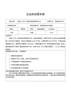 铜压延加工业企业科技需求表.docx