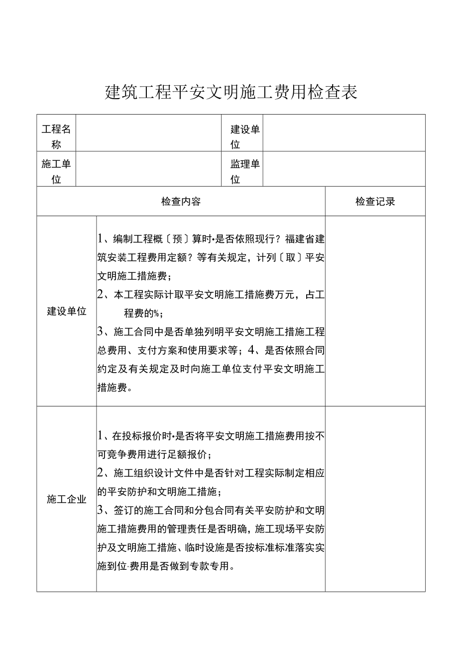 建筑工程安全文明施工费用检查表.docx_第1页