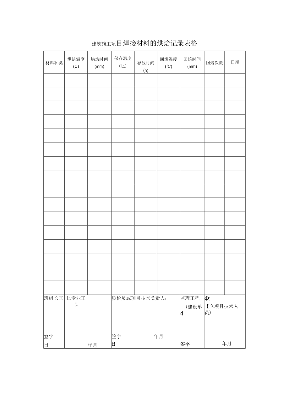 建筑施工项目焊接材料的烘焙记录表格.docx_第1页