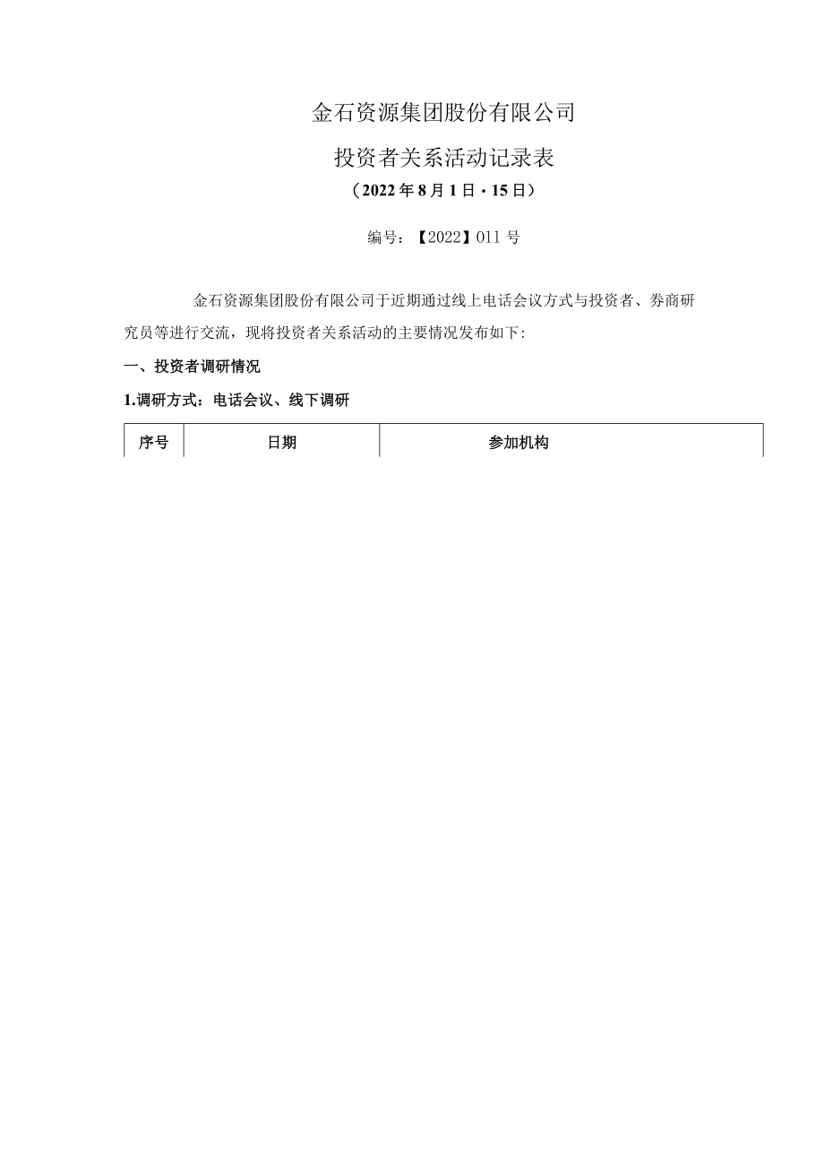 金石资源集团股份有限公司投资者关系活动记录表.docx_第1页