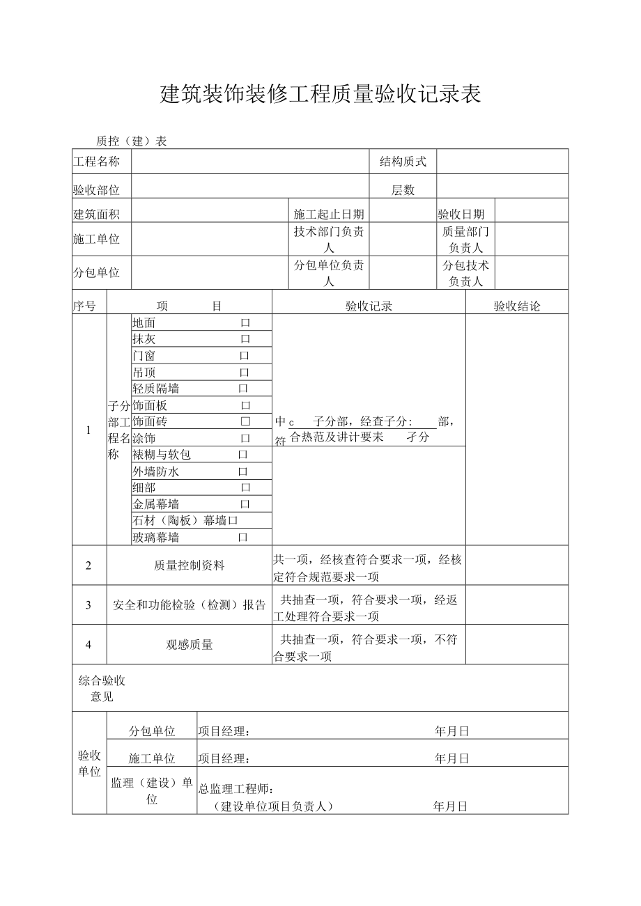 建筑装饰装修工程质量验收记录表.docx_第1页