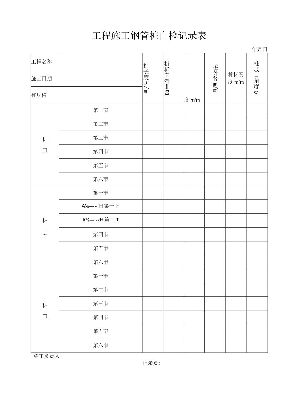 施工钢管桩自检记录表.docx_第1页