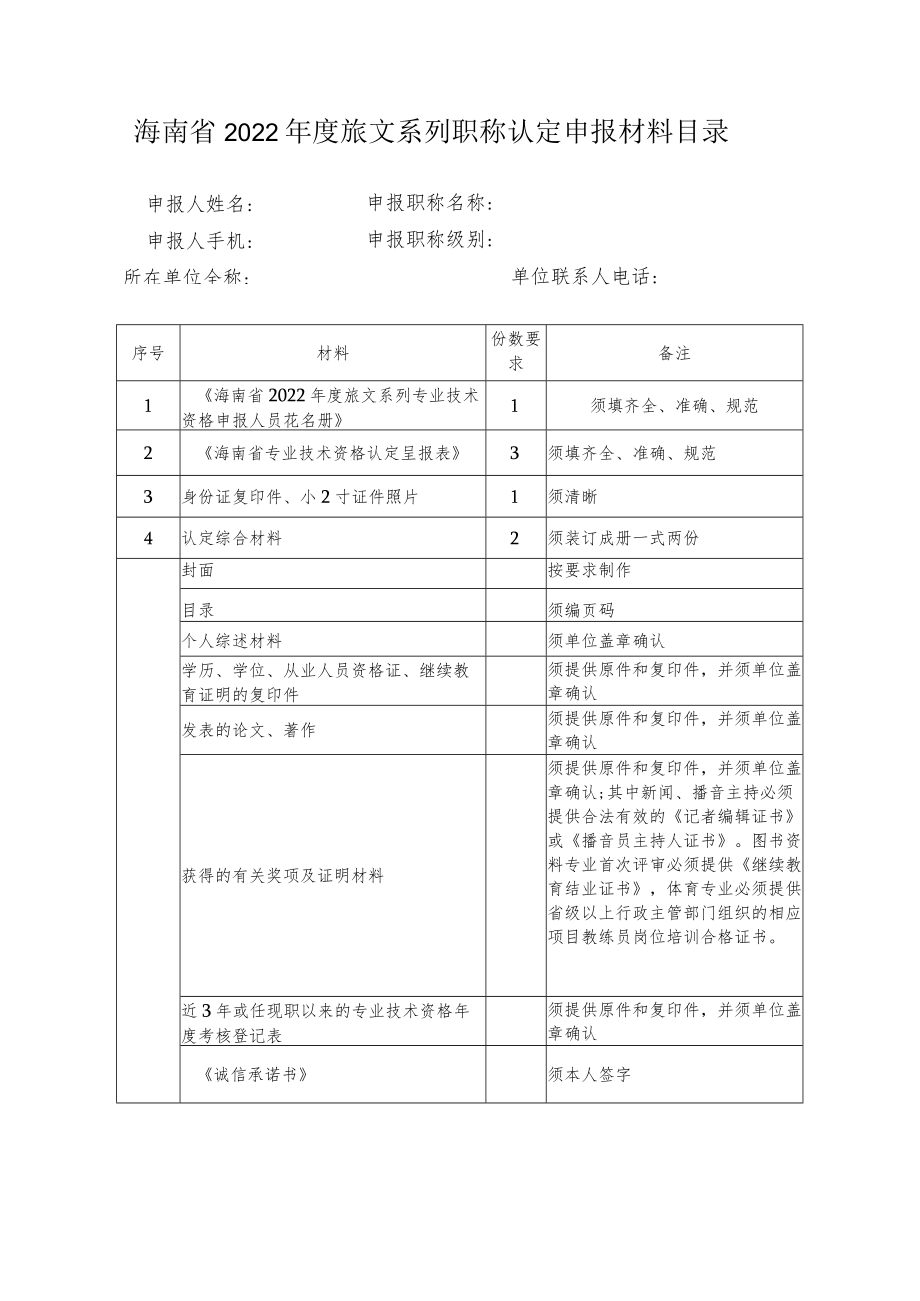 海南省2022年度旅文系列职称认定申报材料目录.docx_第1页