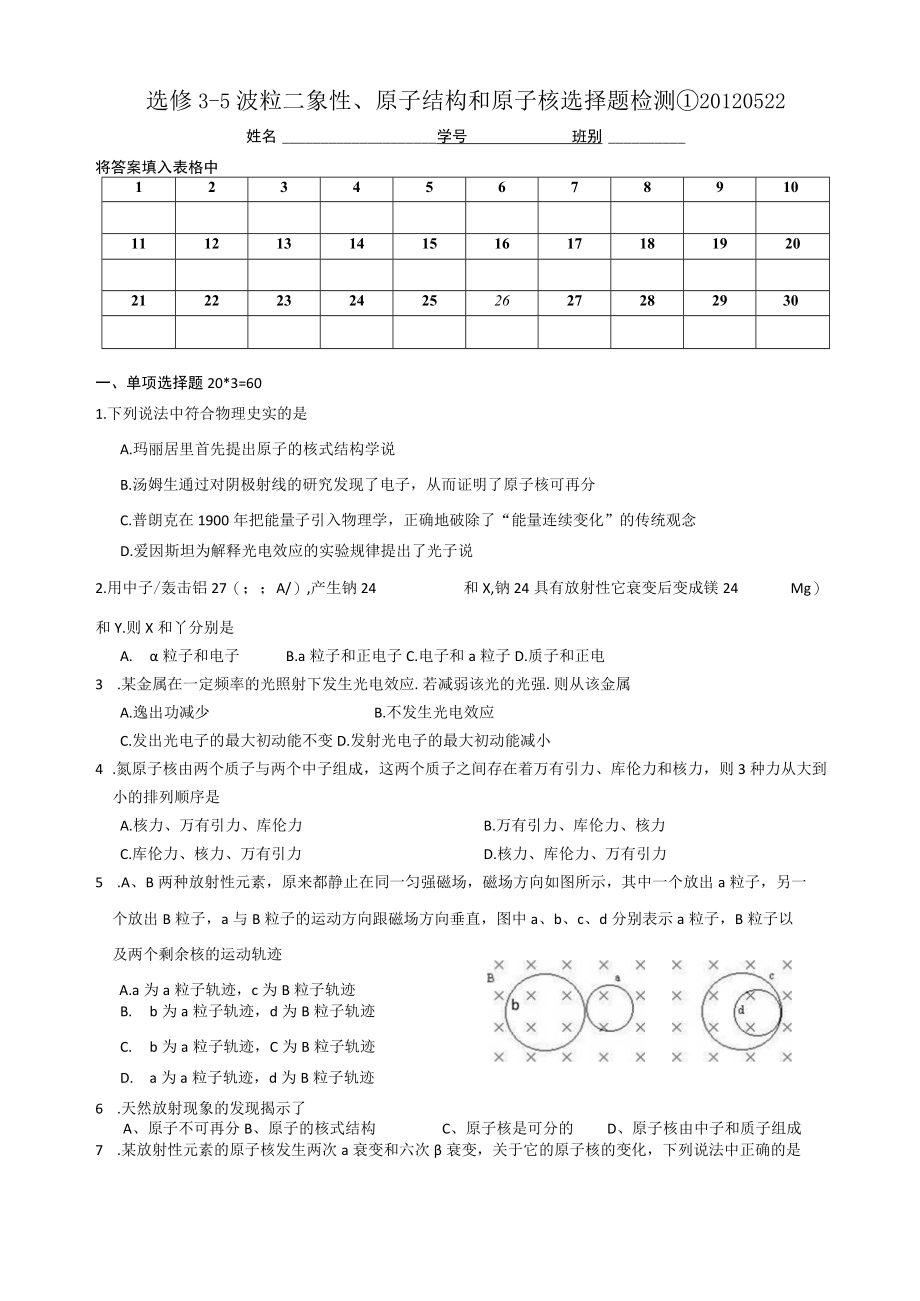 选修3-5波粒二象性、原子结构和原子核选择题检测①20120522.docx_第1页