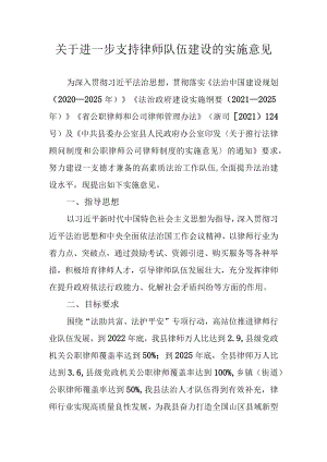 关于进一步支持律师队伍建设的实施意见.docx