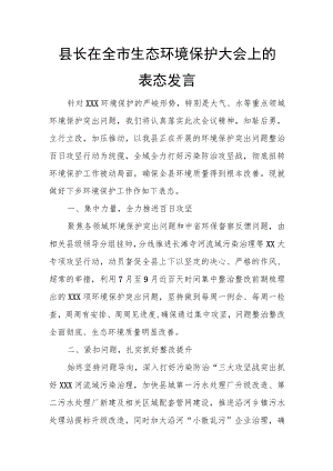 县长在全市生态环境保护大会上的表态发言.docx