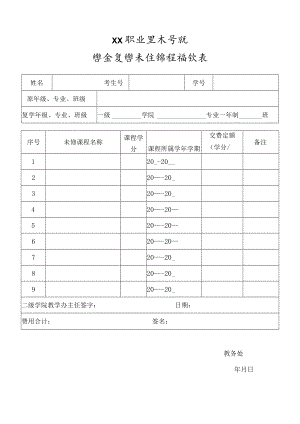 XX职业技术学院学生复学未修课程确认表.docx