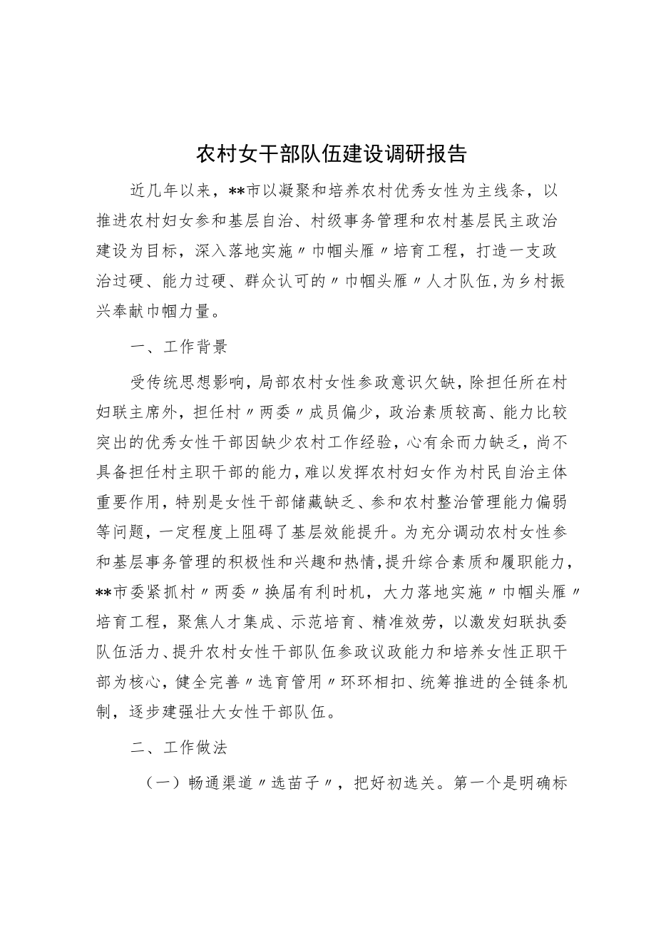 农村女干部队伍建设调研报告.docx_第1页