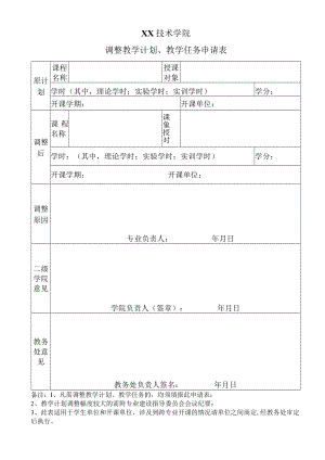XX技术学院调整教学计划、教学任务申请表.docx