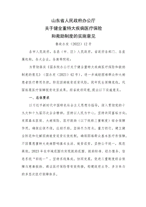 山东省关于健全重特大疾病医疗保险和救助制度的实施意见_鲁政办发〔2022〕12号.docx