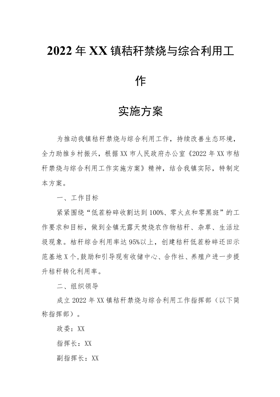 2022年XX镇秸秆禁烧与综合利用工作实施方案.docx_第1页