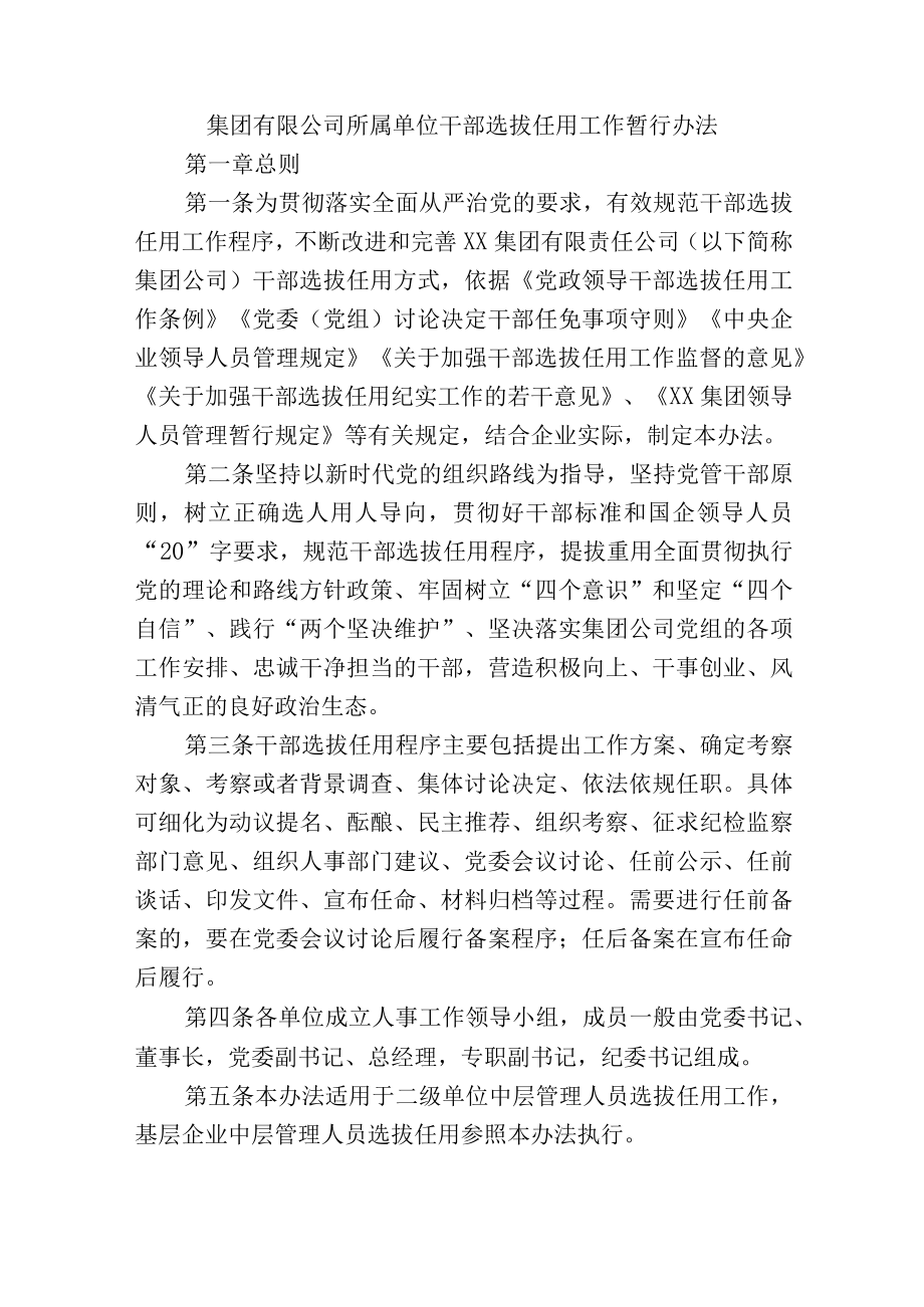 集团有限公司所属单位干部选拔任用工作暂行办法.docx_第1页