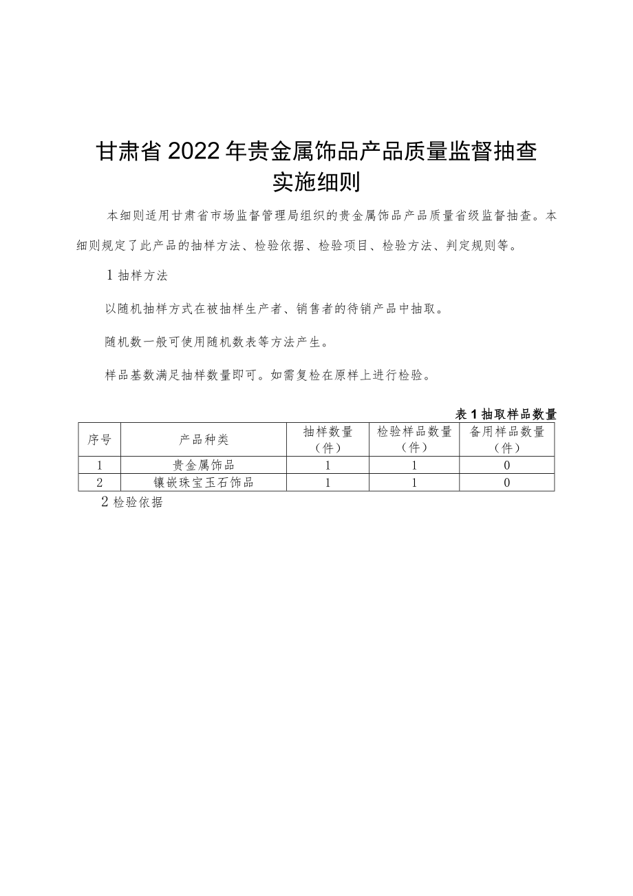 甘肃省2022年贵金属饰品产品质量监督抽查实施细则.docx_第1页