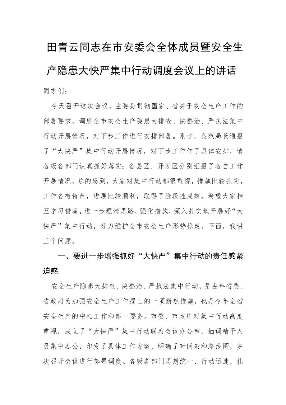 田青云同志:在市安委会全体成员暨安全生产隐患大快严集中行动调度会议上的讲话.docx_第1页