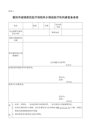 附表1：莆田市城镇居民上级转乡镇级医疗机构康复备案表.docx