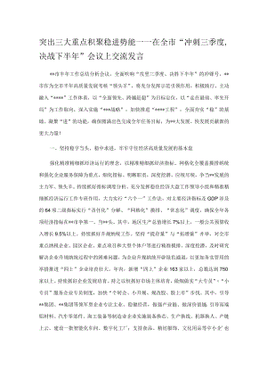 突出三大重点积聚稳进势能——在全市“冲刺三季度决战下半年”会议上交流发言.docx