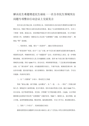 解决民生难题 增进民生福祉——在全市民生领域突出问题专项整治行动会议上交流发言.docx