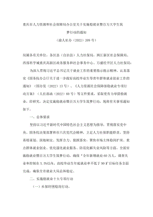 重庆市人力资源和社会保障局办公室关于实施稳就业暨百万大学生筑梦行动的通知.docx