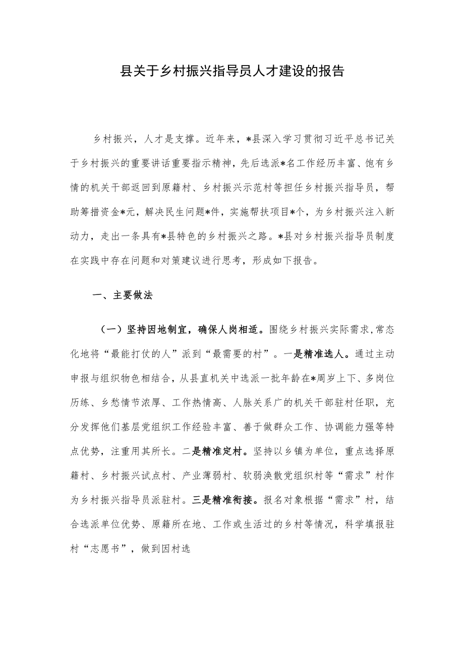 县关于乡村振兴指导员人才建设的报告.docx_第1页