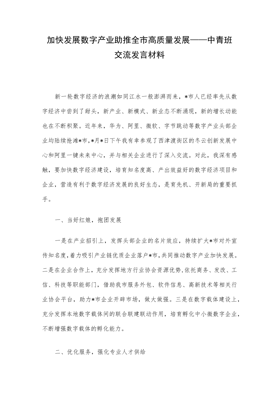 加快发展数字产业 助推全市高质量发展——中青班交流发言材料.docx_第1页
