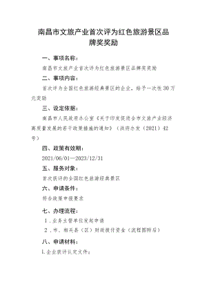 南昌市文旅产业首次评为红色旅游景区品牌奖奖励.docx
