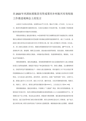 在2022年巩固拓展脱贫攻坚成果同乡村振兴有效衔接工作推进视频会上的发言.docx