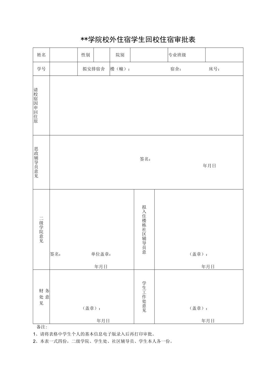 学院校外住宿学生回校住宿审批表.docx_第1页