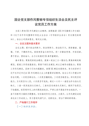 国企党支部作风整顿专题组织生活会及民主评议党员工作方案.docx