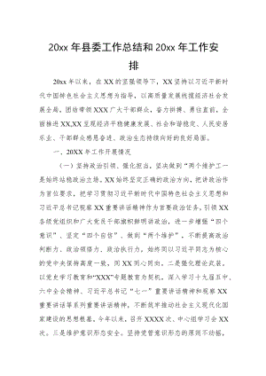 20xx年县委工作总结和20xx年工作安排.docx