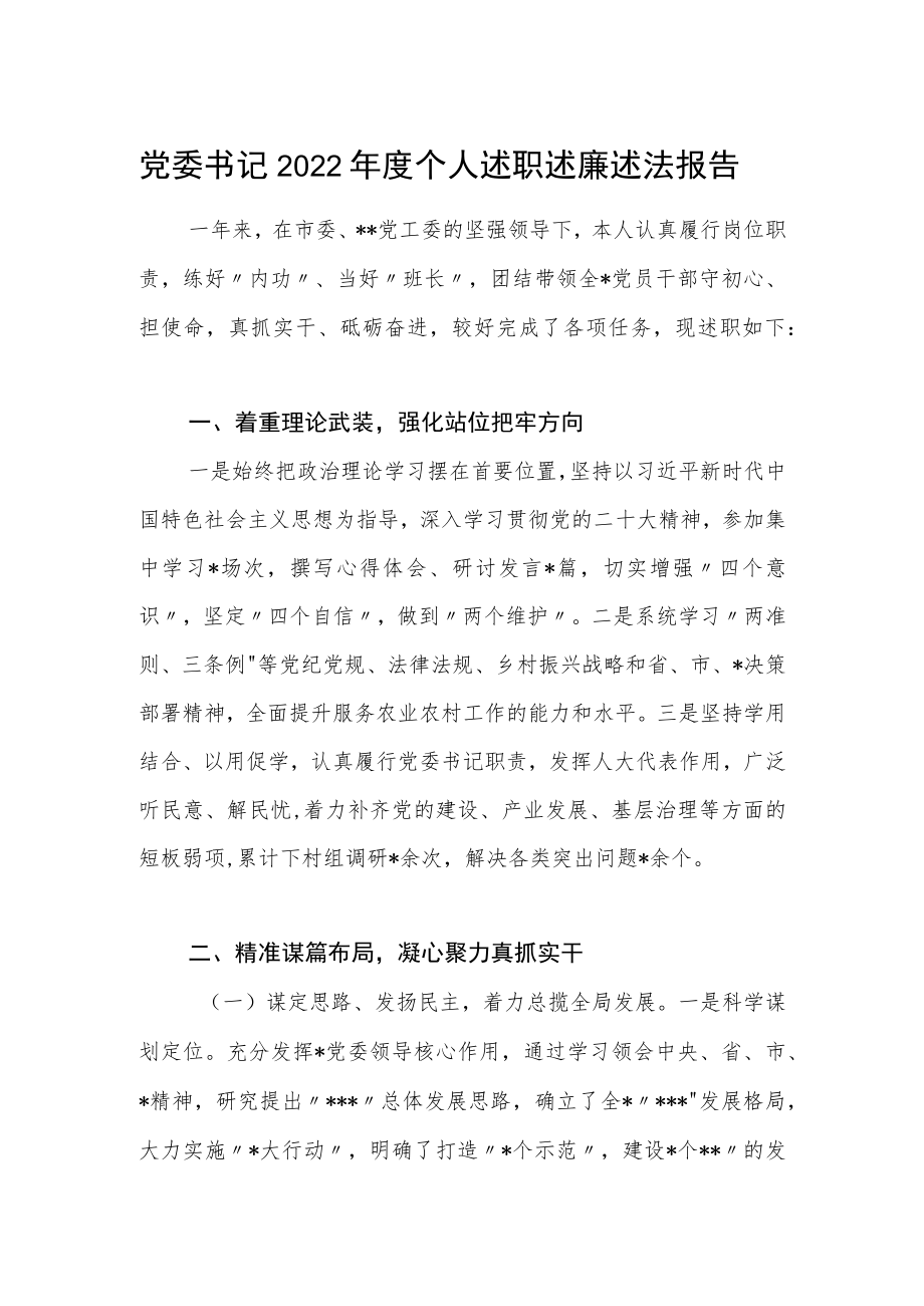 党委书记2022年度个人述职述廉述法报告.docx_第1页