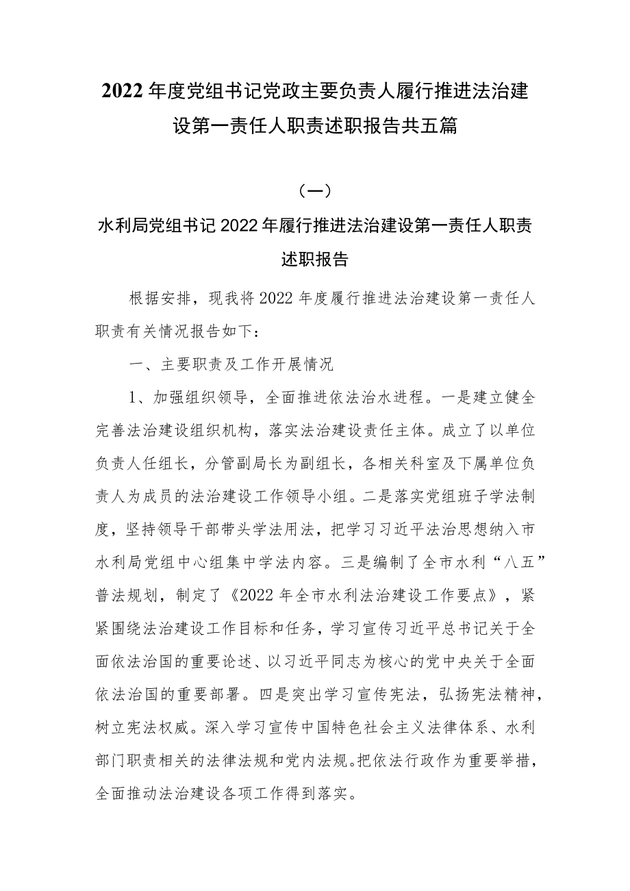 2022年度党组书记党政主要负责人履行推进法治建设第一责任人职责述职报告共五篇.docx_第1页