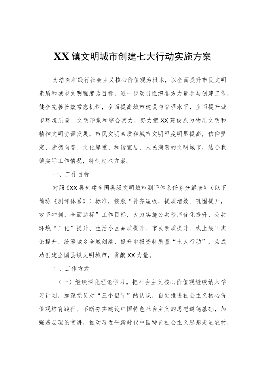XX镇文明城市创建七大行动实施方案.docx_第1页
