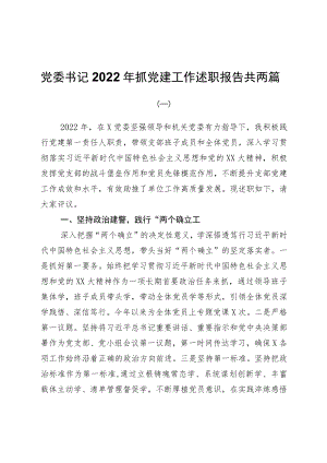 党委书记2022年抓党建工作述职报告共两篇.docx