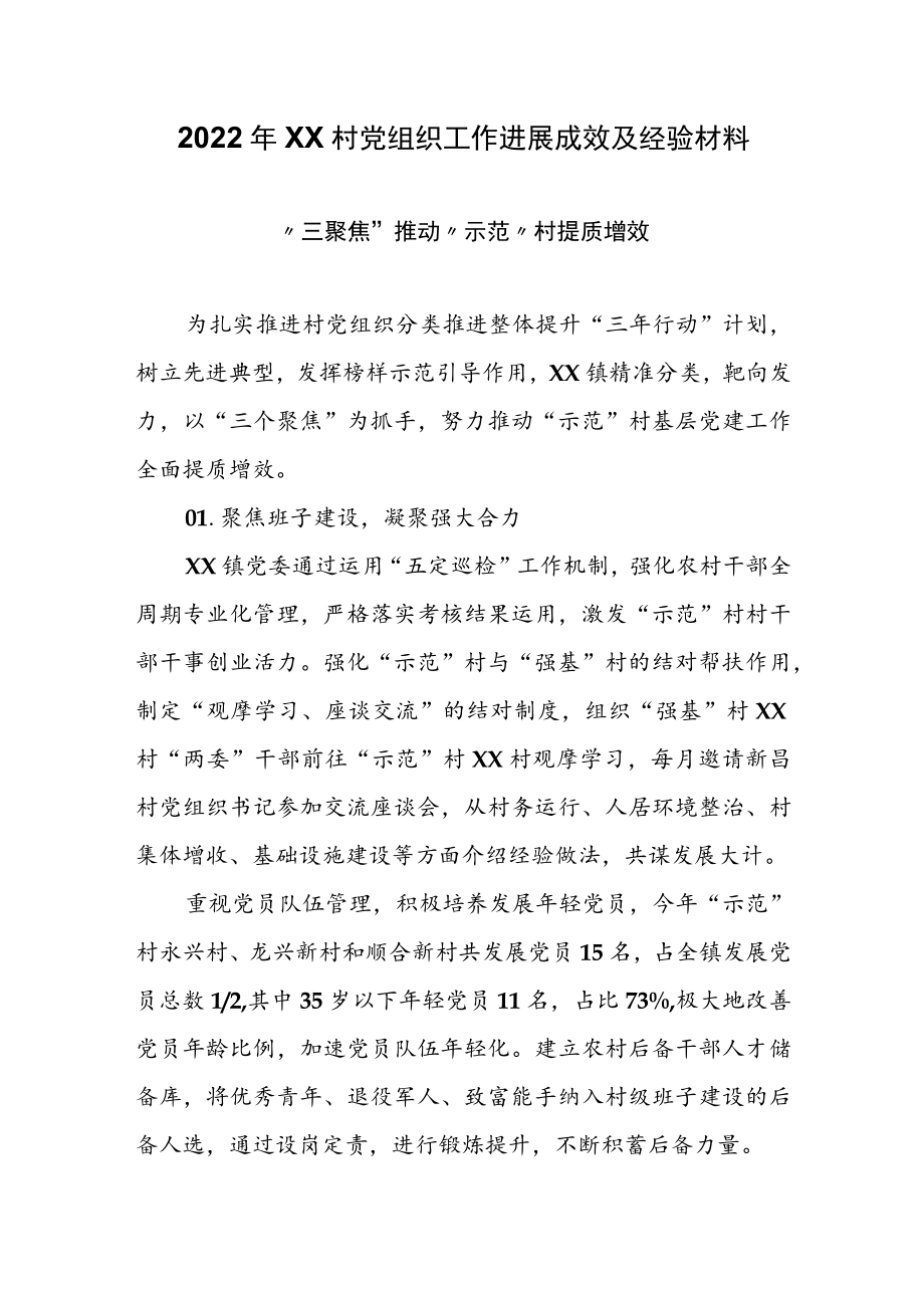 2022年XX村党组织工作进展成效及经验材料.docx_第1页