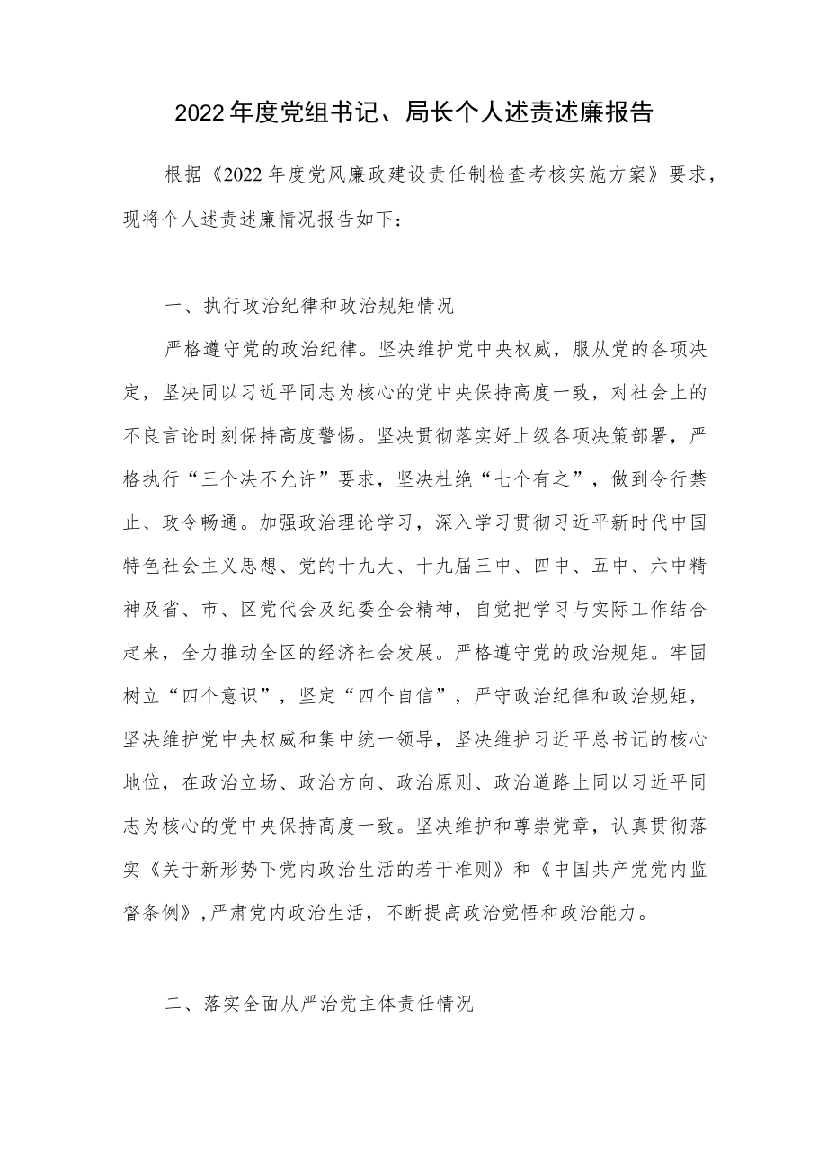 2022年度局党组书记局长个人述责述廉报告.docx_第1页