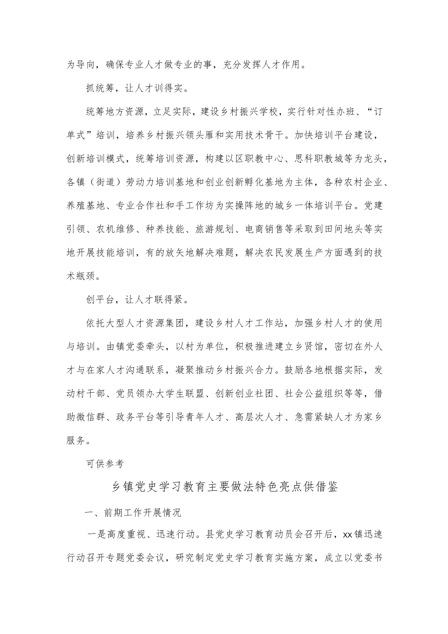 乡镇党史学习教育主要做法特色亮点、抓实乡村人才队伍建设促乡村振兴（党课讲稿）2篇.docx_第3页
