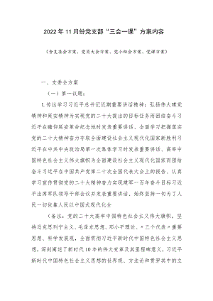 2022年11月基层党支部“三会一课”学习内容实施活动方案.docx
