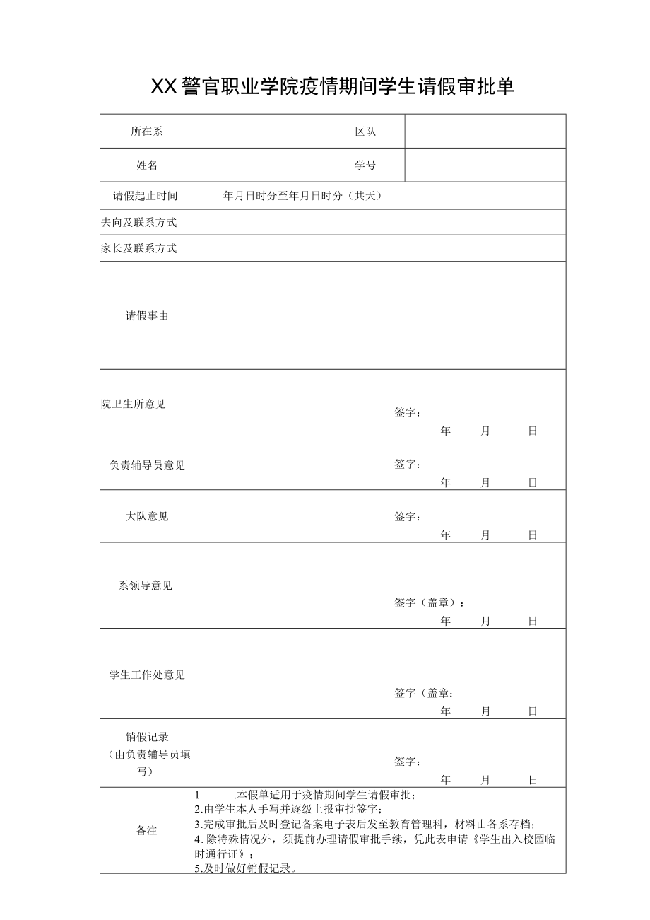 XX警官职业学院疫情期间学生请假审批单.docx_第1页