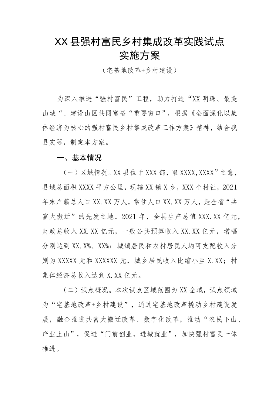 XX县强村富民乡村集成改革实践试点实施方案（宅基地改革+乡村建设）.docx_第1页