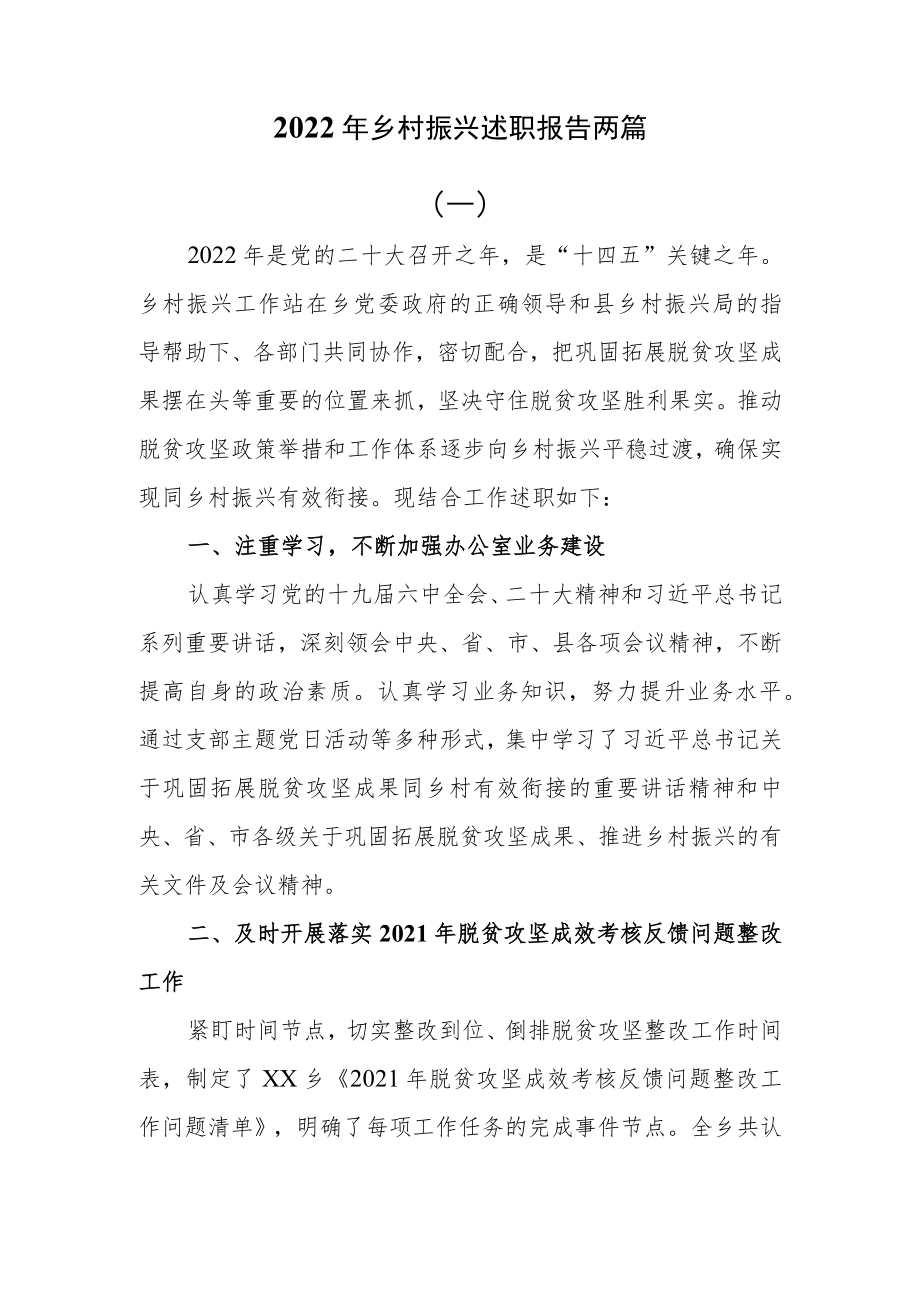 2022年乡村振兴述职报告两篇.docx_第1页