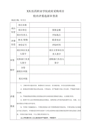 XX医药职业学院政府采购项目校内评委选派审查表.docx