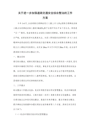 1、关于进一步加强道路交通安全综合整治的工作方案 2、xx区交通运输局开展20xx年第二季度道路交通安全工作汇报.docx